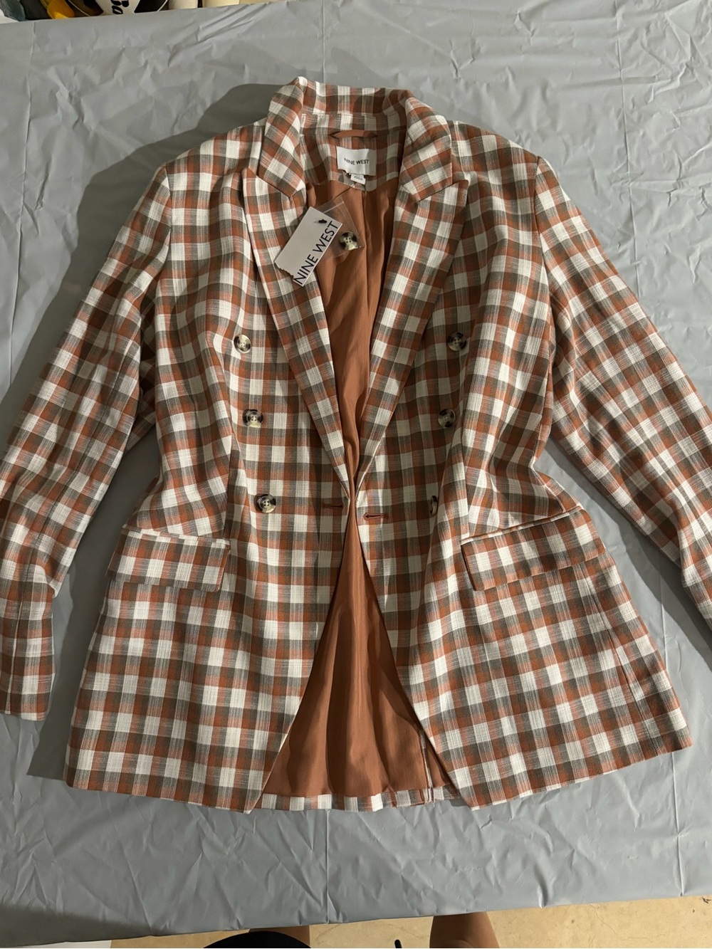 Nine West Rust & Cream Plaid Double-Breasted Blazer